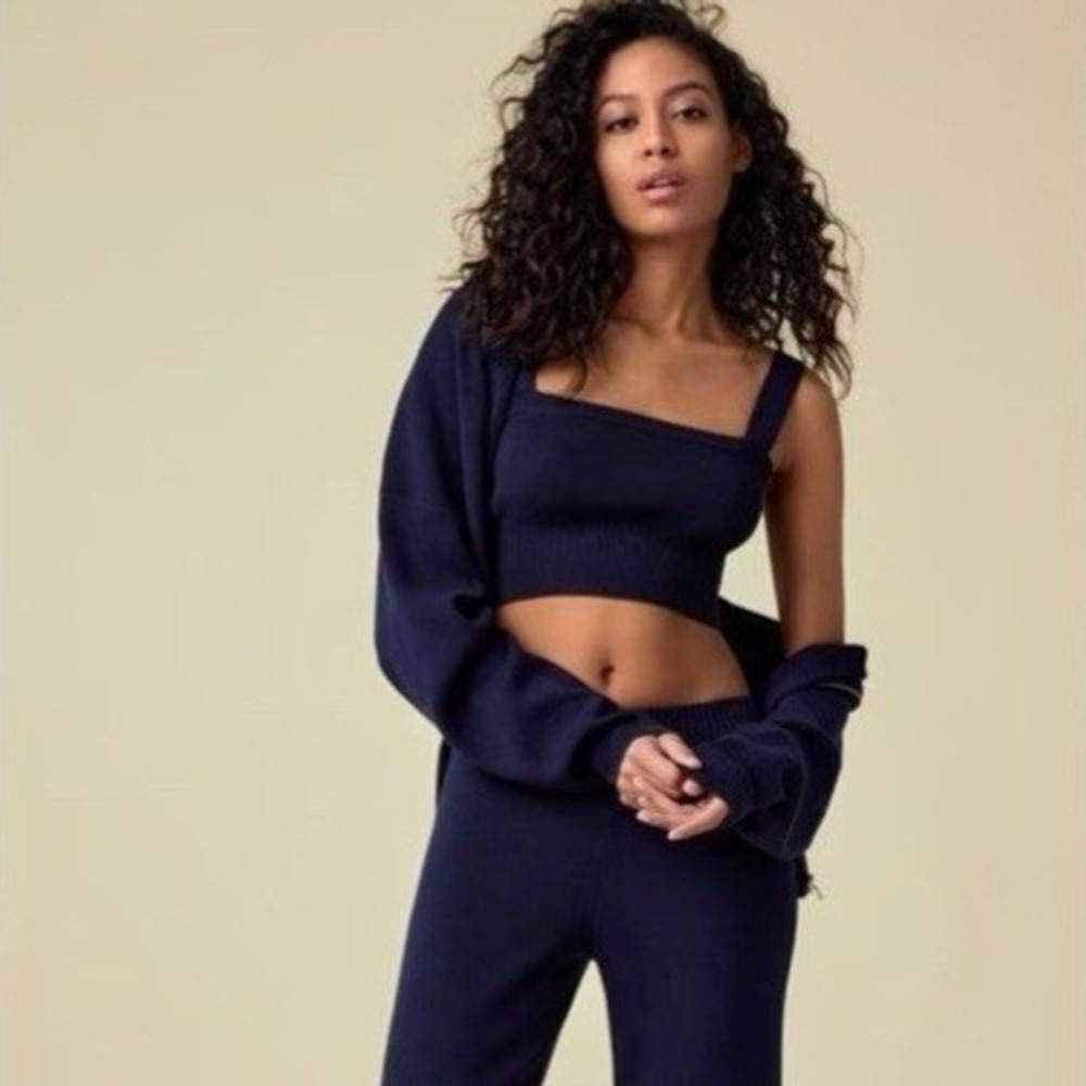 Garage‎ Cropped Knit Zip Up Hoodie Sweater Women S Blue Loungewear Athleisure